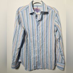 Robert Graham Blue Multi-Color Stripe Button Down Puzzle Piece Blue Flip Cuff Sm